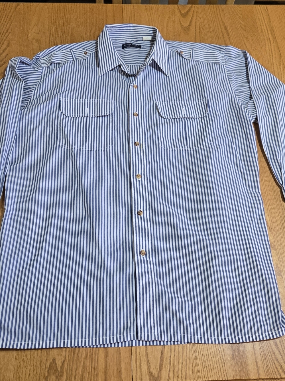 John Blair XLG Big Tall Blue White Striped Button Front Shirt Dual Pocket